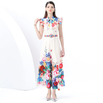 spring new retro court style small flying sleeves waist lapel single-breasted cardigan printed long dress