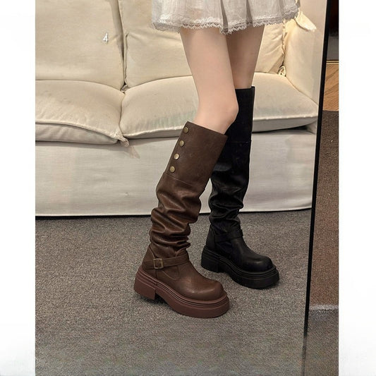 2025  Over the knee retro British style thick heel thick-soled high boots women's popular autumn and winter new thin long boots knight boots