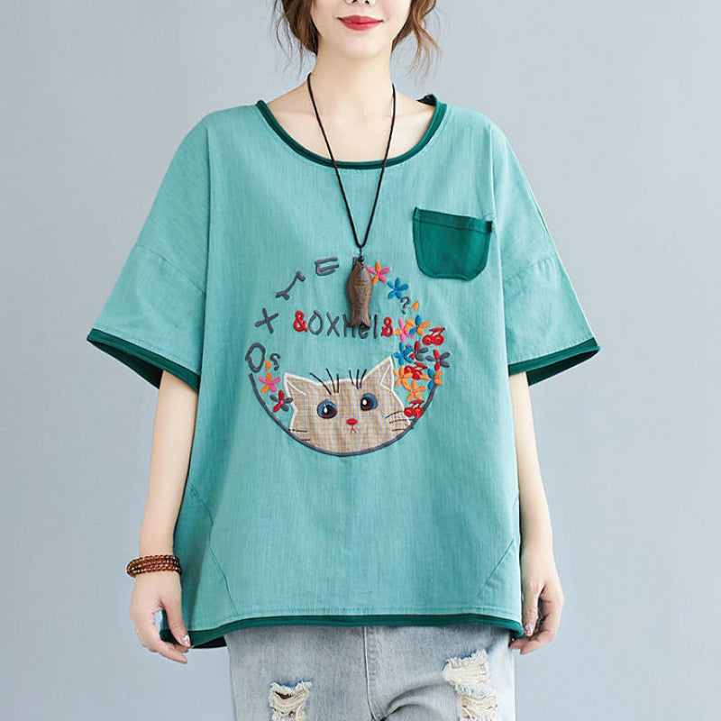 150Kg extra large size women's clothing  new literary and retro loose and thin embroidered T-shirt women's fat mm summer top
