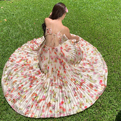 2025 Fairy atmosphere sense beautiful floral dress women's summer new temperament waist thin pleated Spice Girl pleated skirt