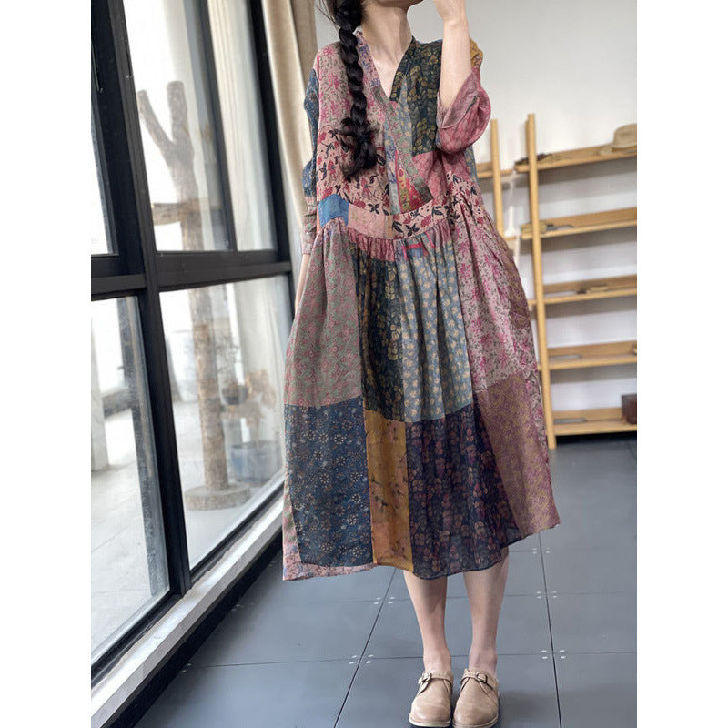 Chinese style new literary and retro color matching cotton and linen skirt  summer large size temperament V-neck dress women
