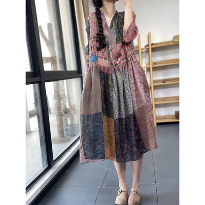 Chinese style new literary and retro color matching cotton and linen skirt  summer large size temperament V-neck dress women