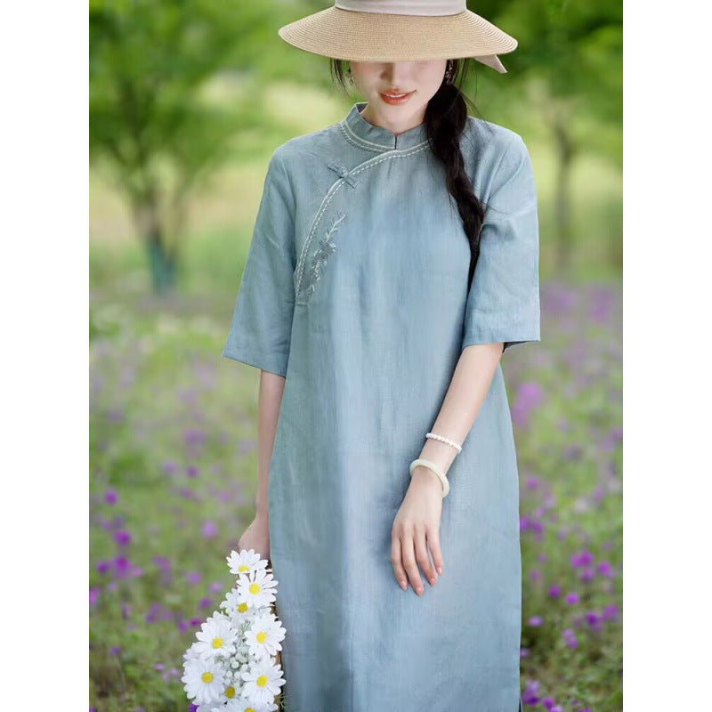 summer new literary and retro new Chinese cheongsam fashionable simple temperament exquisite embroidered cotton and linen dress