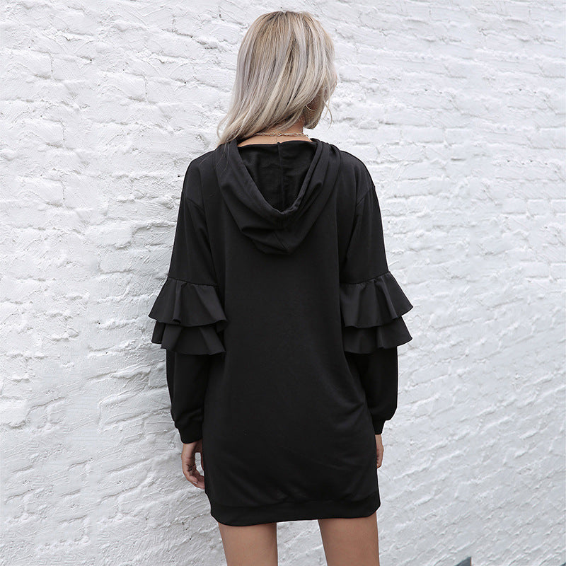 LOVEVOP popular new long-sleeved pullover hooded skirt Popular trade women's clothing  New ruffle edge splicing hooded dress