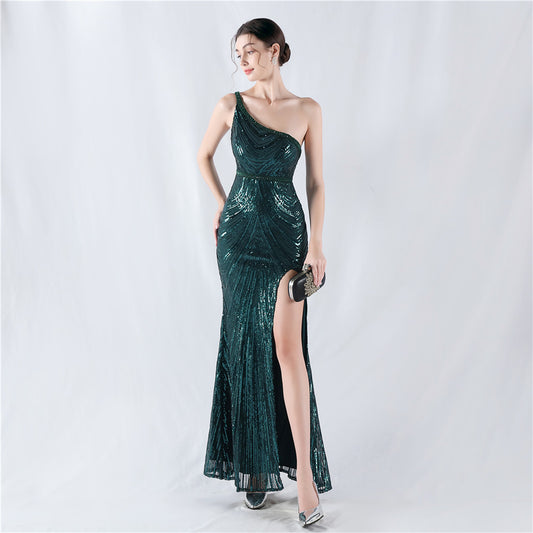 32076 #Popular trade new dress positioning flower bead piece heavy industry nail bead high fork shoulder evening dress
