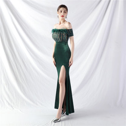 31950 #Popular trade new craftsmanship order ostrich wool velvet one-word collar evening dress
