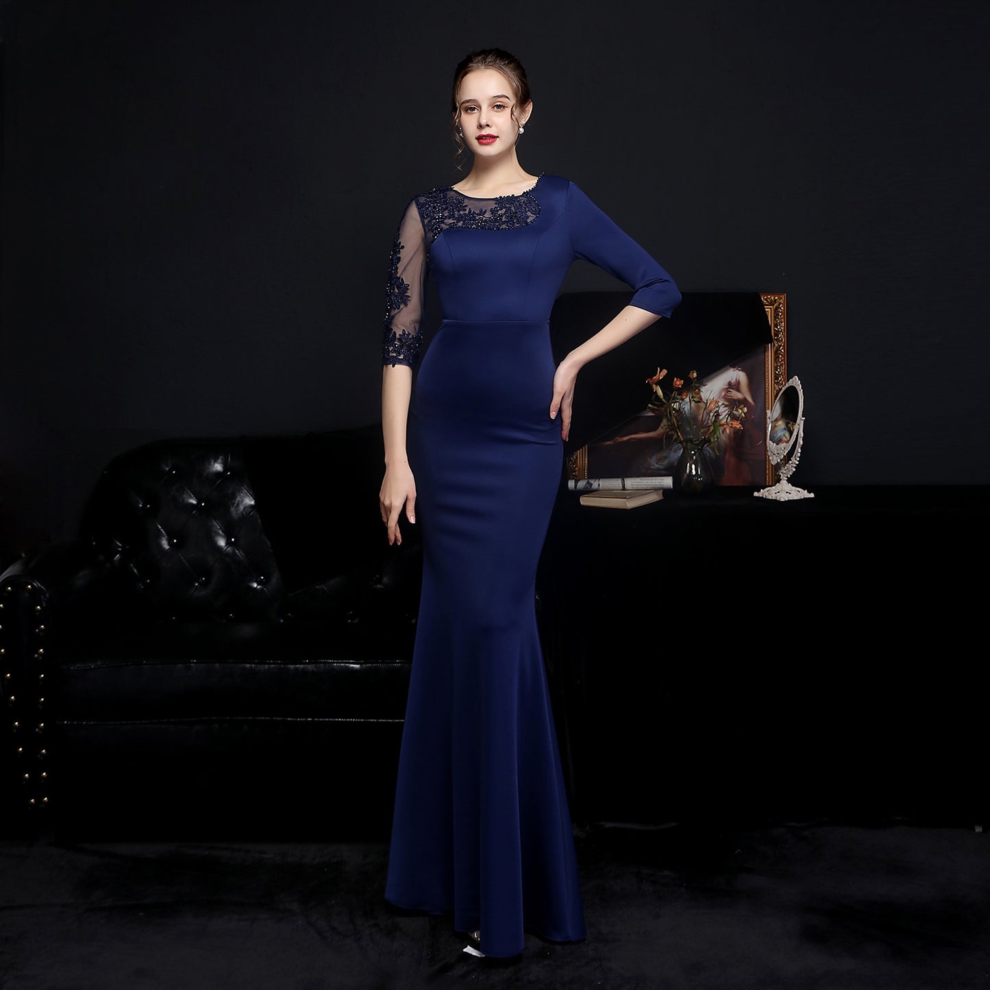 18586 #Full-craft lace ironing Popularan diamond toast dress bride long-sleeved thank you banquet fish tail evening dress