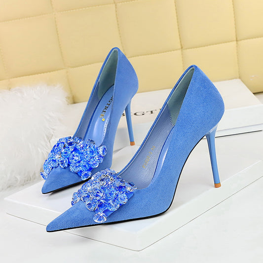 2025 825-H27 Korean version banquet high heels women's shoes thin heel suede shallow mouth pointed gem rhinestone bow single shoes