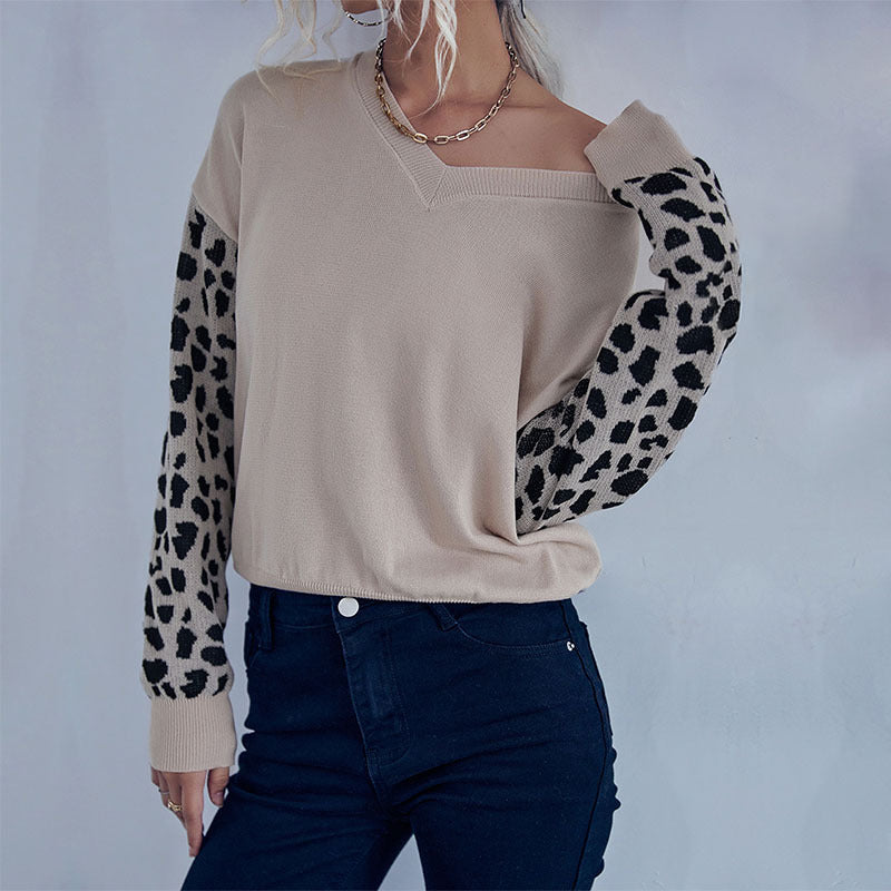 LOVEVOP Popular trade New autumn new V-neck knitted sweater pullover Popular trade splicing leopard print sweater bottoming shirt women