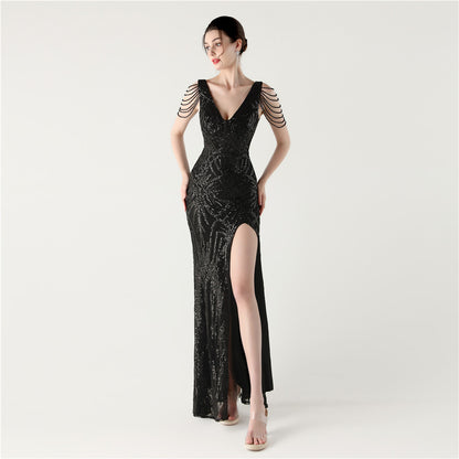 33352 #2025 New Heavy Industry Fishbone Waist Strap Deep V High Split Evening Dress, Red Carpet Dinner Host