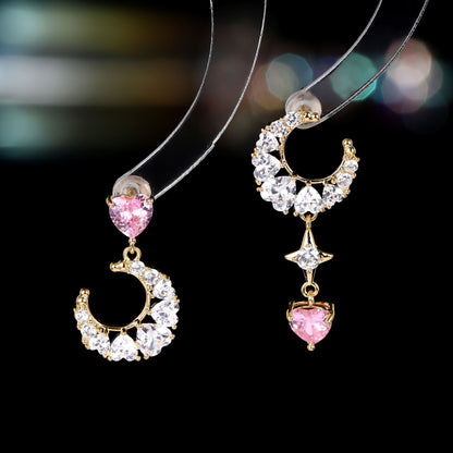 2025 Super fairy sweet asymmetrical love moon stud earrings s925 silver needle fashion light luxury temperament niche high-end earrings