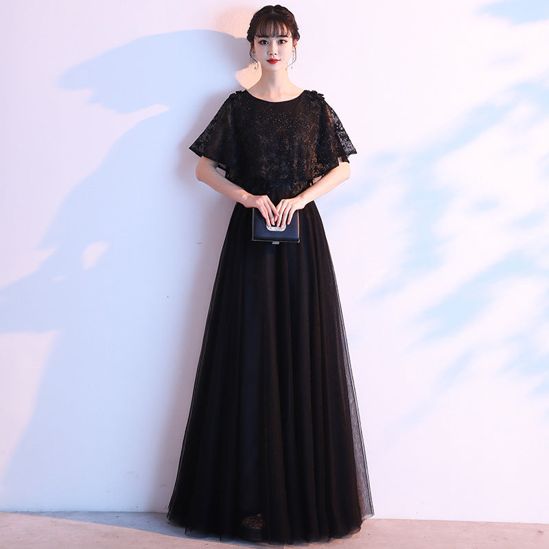 2025 Long evening dress skirt women's large size high-end banquet adult temperament black high-end feeling thin 100kg fat mm belly cover
