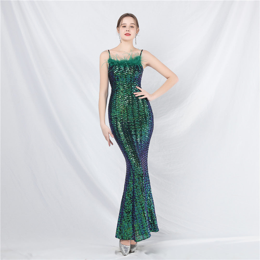 31831 #Hot Trade New Craft Ostrich Hair High-end Symphony Bead Evening Dress Banquet Party Dress