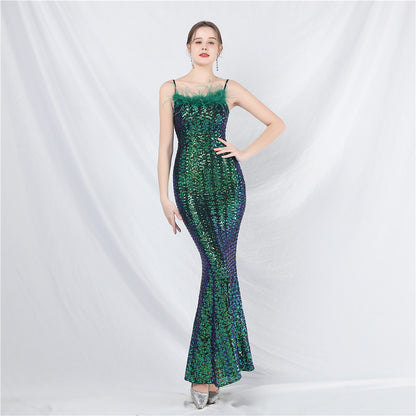 31831 #Hot Trade New Craft Ostrich Hair High-end Symphony Bead Evening Dress Banquet Party Dress