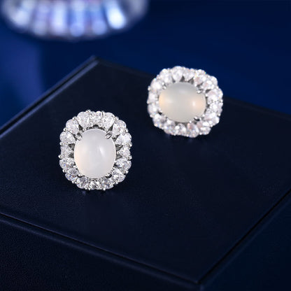 2025 New Chinese style Guochao temperament earrings light luxury retro natural ice green chalcedony earrings women's high-end oval earrings