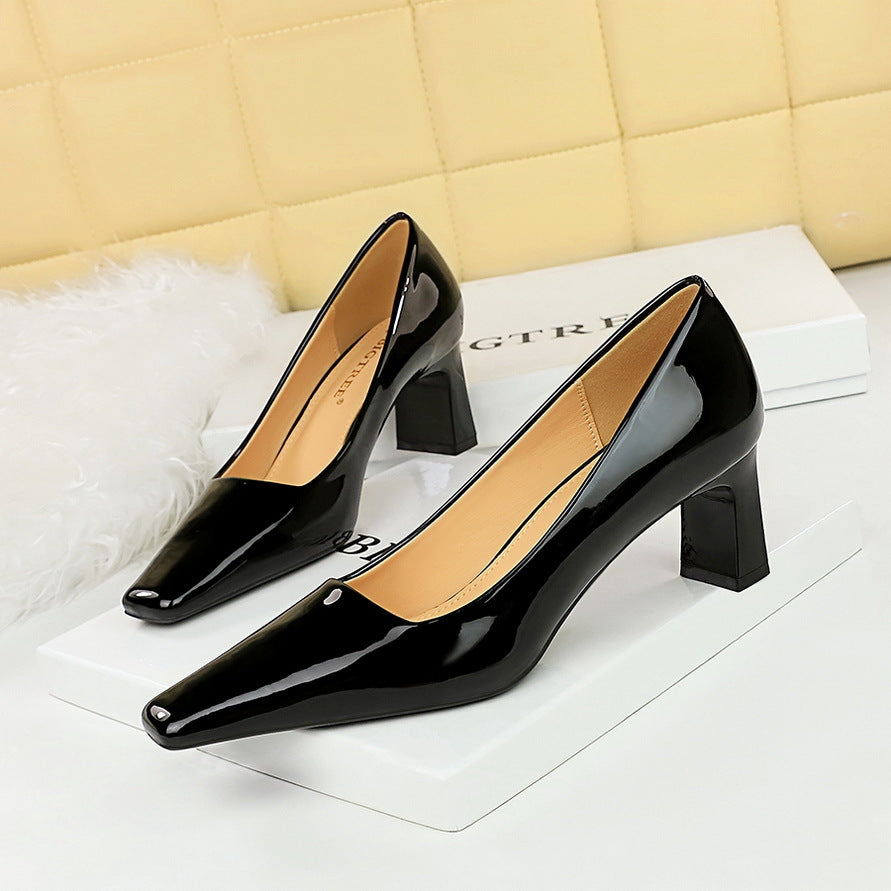 2025 6186-1  style fashionable and simple high heel thick heel light mouth square head bright patent leather commuting versatile women's shoes single shoes