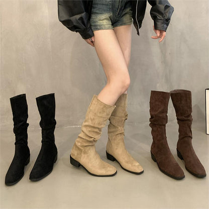 2025  Coarse Heel Suede Pile Long Knight Boots Women's Shoes popular Spring Autumn Winter Vintage Skinny Medium Long Brown Boots