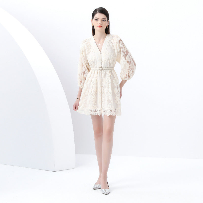 sweet court style V-neck lantern sleeves heavy industry embroidery waist thin single-breasted A-word elegant dress women