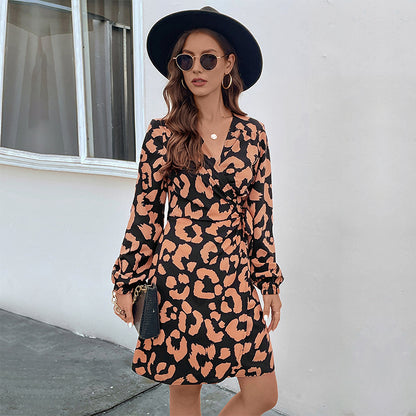 LOVEVOP Cross-border  Europe and the United States new leopard print v-neck long-sleeved long-sleeved dress temperament casual wrap skirt