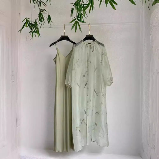 2025 New Chinese style Zen designer niche green satin suspender skirt light yarn dress two-piece set summer