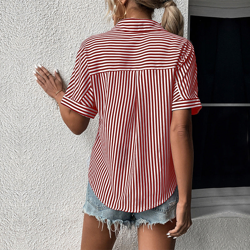 LOVEVOP New Cross-border popular Summer New 2025 Design Women's Clothing Short Sleeve Lapel Striped Shirt Women