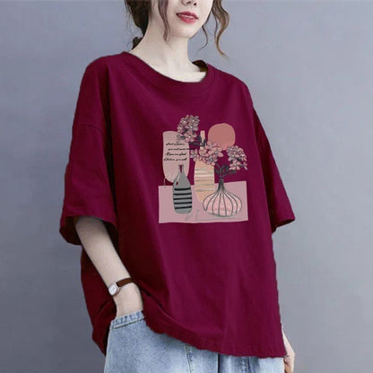 100Kg large size fat MM thin summer loose round neck T-shirt versatile short-sleeved top printed casual T-shirt women