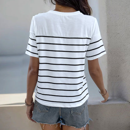 LOVEVOP 2025 New Popular trade women's clothing top simple striped round neck T-shirt summer knitted button short-sleeved T-shirt