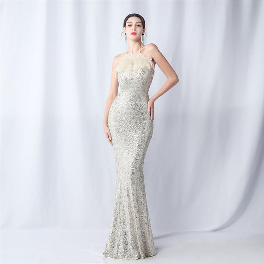 31582 #New product popular Popular trade spot ostrich hair craft beaded plaid beads dinner party annual meeting evening dress