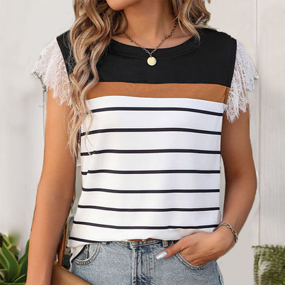 LOVEVOP Striped contrasting color splicing T-shirt lace splicing short sleeve  2025 Popular trade women's top basic t-shirt