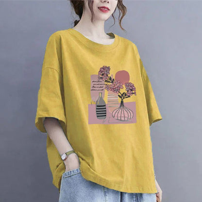 100Kg large size fat MM thin summer loose round neck T-shirt versatile short-sleeved top printed casual T-shirt women