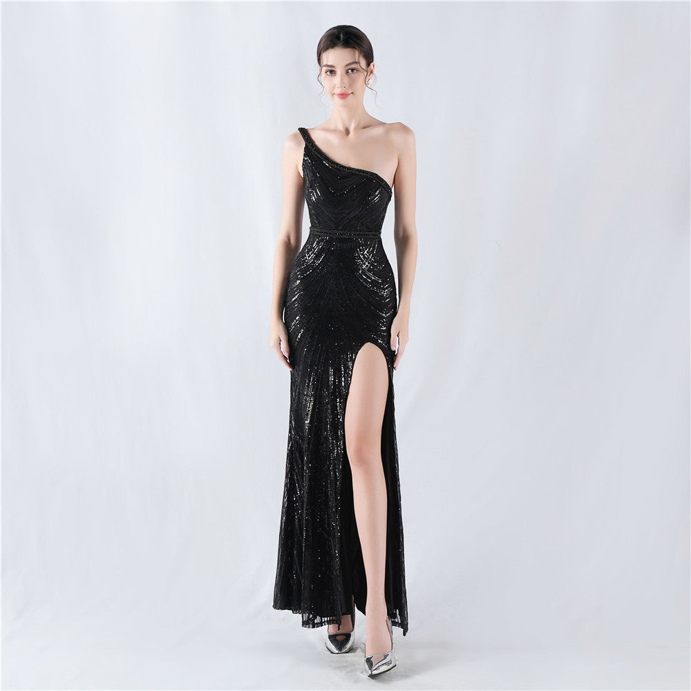 32076 #Popular trade new dress positioning flower bead piece heavy industry nail bead high fork shoulder evening dress