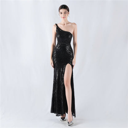 32076 #Popular trade new dress positioning flower bead piece heavy industry nail bead high fork shoulder evening dress