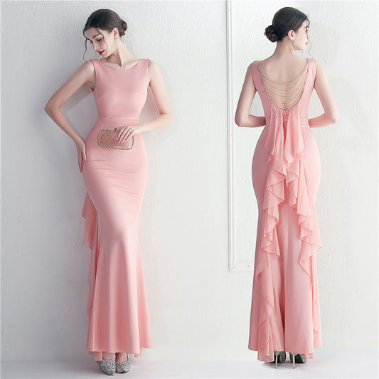 19928 #Hot Trade Spot Heavy Craft Beaded Satin Buga Chiffon Wedding Dinner Etiquette Sexy Dress Long