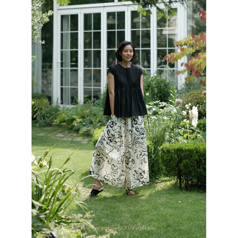 summer new Korean version of fashion literature retro Fauvism art black and white printing A-shaped wide-leg culottes