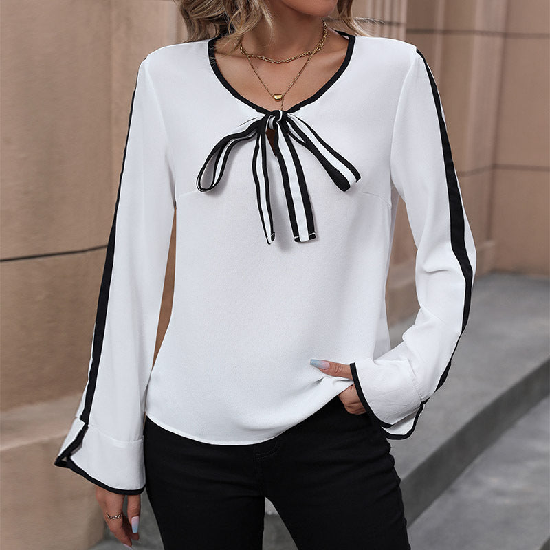 LOVEVOP Europe, America and foreign trade Hot autumn women's top  lace-up bow shirt black and white contrasting color women's shirt