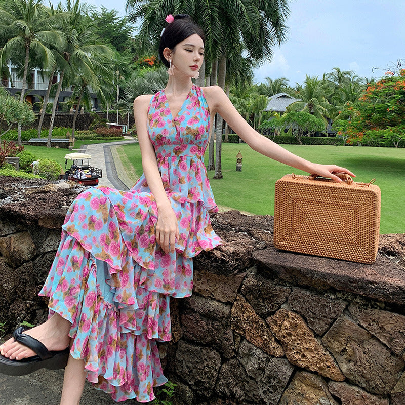 2025 floral neck dress women's summer lace-up skirt high-end halter temperament ruffle leaf edge cake long dress