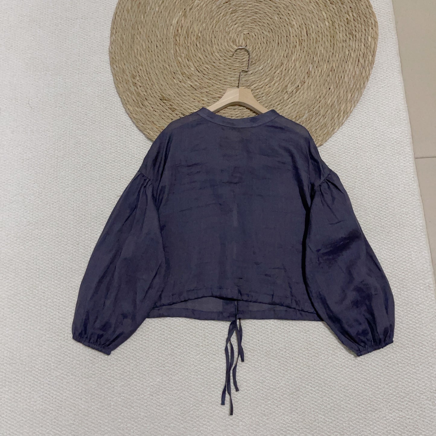 Wear on both sides~ 100% ramie lace-up sunscreen shirt women's summer loose and thin long-sleeved crew neck shirt