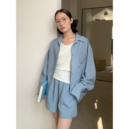 2025 [4 colors optional] Modal long-sleeved shirt + casual shorts 2025 spring and summer Korean version two-piece suit female T283