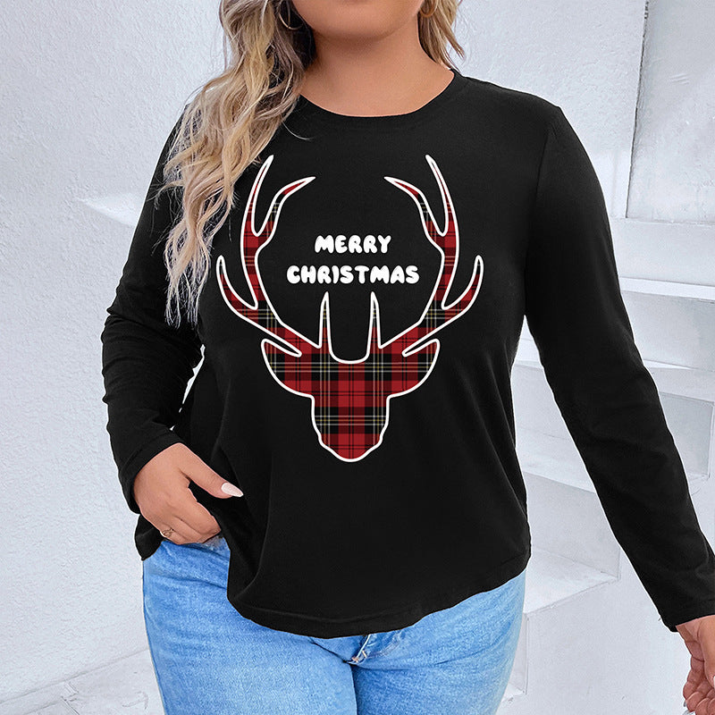 LOVEVOP Europe and the United States cross-border explosion long-sleeved round neck Christmas T-shirt Christmas essential Christmas elements women's top