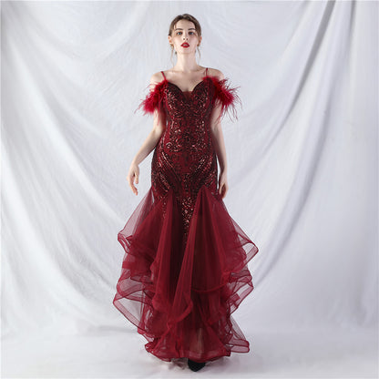 31983 #New craft order ostrich hair hard mesh positioning flower beads splicing mesh yarn dance performance dress skirt