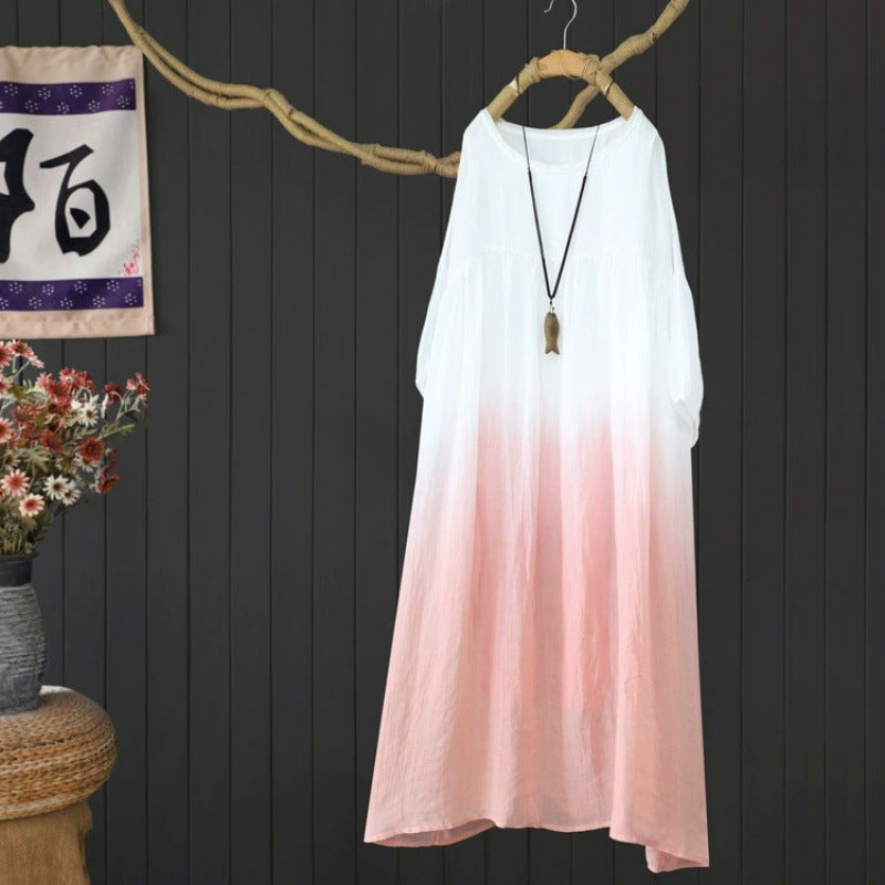 Five-quarter sleeve ramie dress  summer new gradual change design large size cotton and linen loose dress