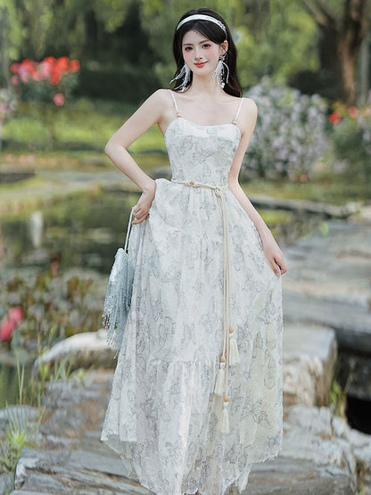 Coffee Break  Floral Dress Salt Sweet Seaside Holiday Beach Dress Suspender Skirt Outer Cardigan Set