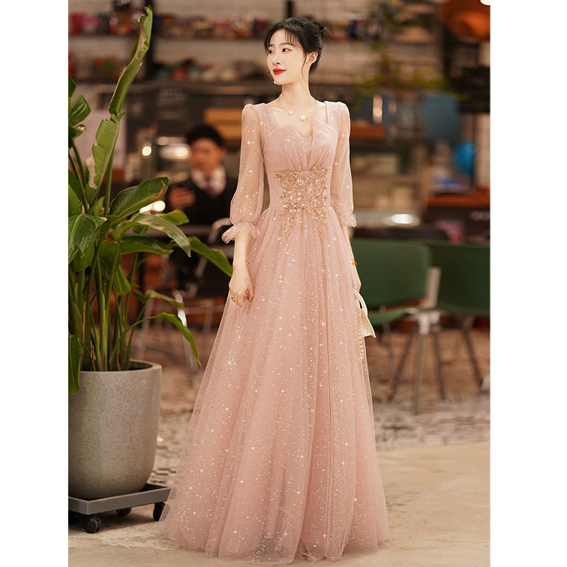 Pink evening dress women's 2025 new banquet temperament socialite  evening dress host dignified atmospheric dress