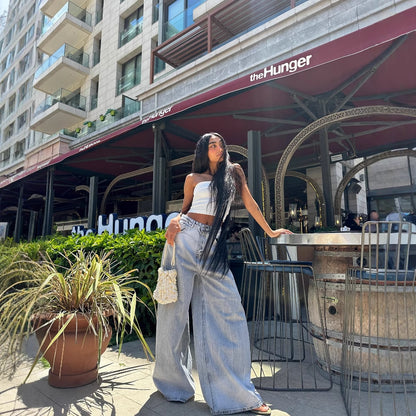 Hot trade  New   street high waist loose super large size oversize denim wide-leg pants