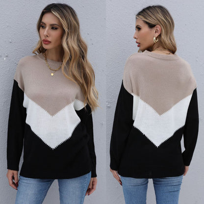 LOVEVOP Autumn New popular 2025 Color Matching Crew Neck Long Sleeve Knitted Bottom Shirt Pullover Women's Top