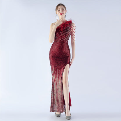31321 #new product popular gradual change bead process beading ostrich hair oblique collar shoulder long evening dress