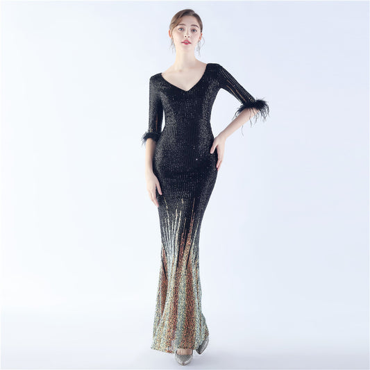 31369 #Popular trade new popular craft ostrich hair gradual change beads half sleeve high-end evening dress