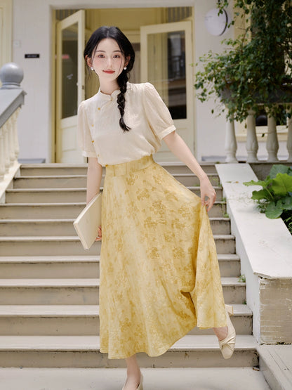 New Chinese national style set Chinese cheongsam small retro bubble sleeve top with jacquard skirt set