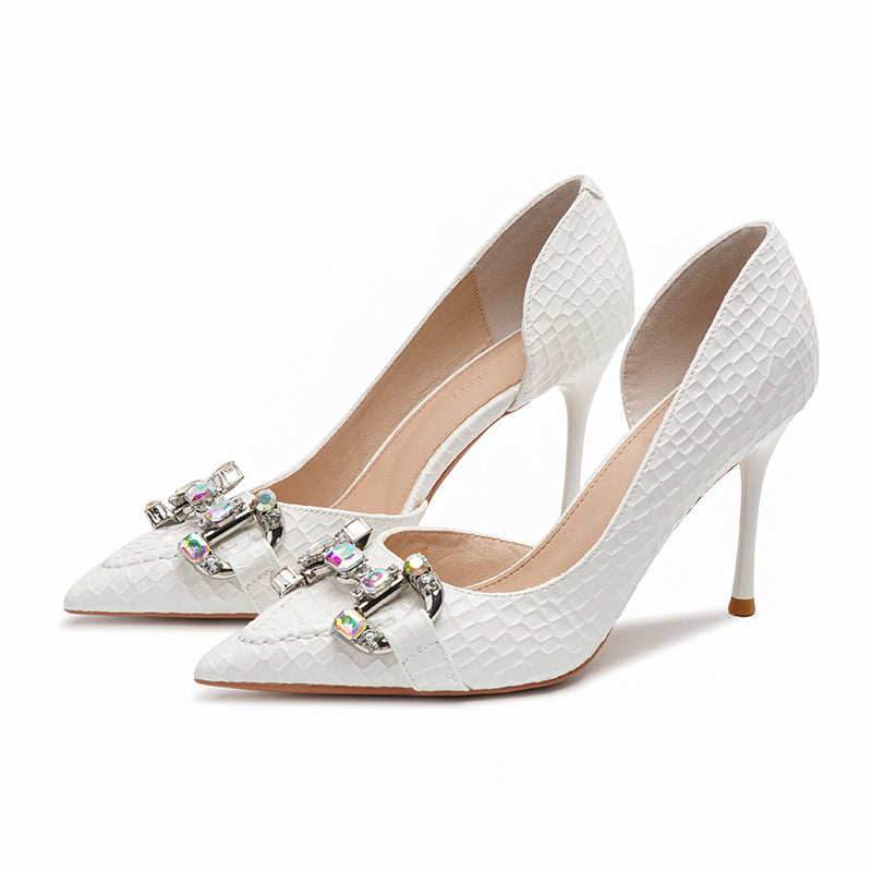 2025 966-A2 niche design texture side empty high heels rhinestone metal buckle thin heel single shoes Huidong pointed women's shoes