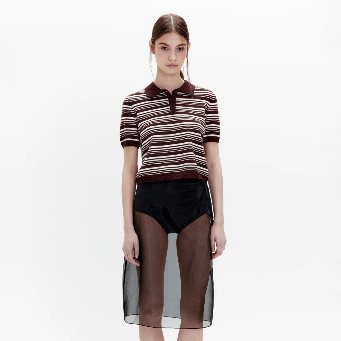 knitted POLO neck T-shirt women's  summer thin lapel collar Popular style design sense niche T-shirt top women's new